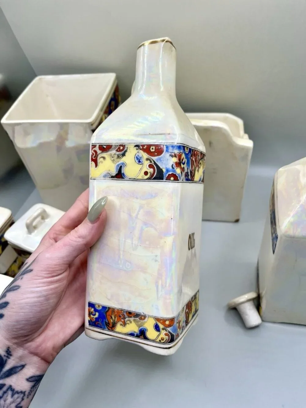 Antique 1930s Czechoslovakia Lusterware Kitchen Canister Spice Set Iridescent